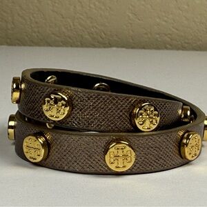 Tory Burch Leather Double Wrap Logo Stud Bracelet 16”